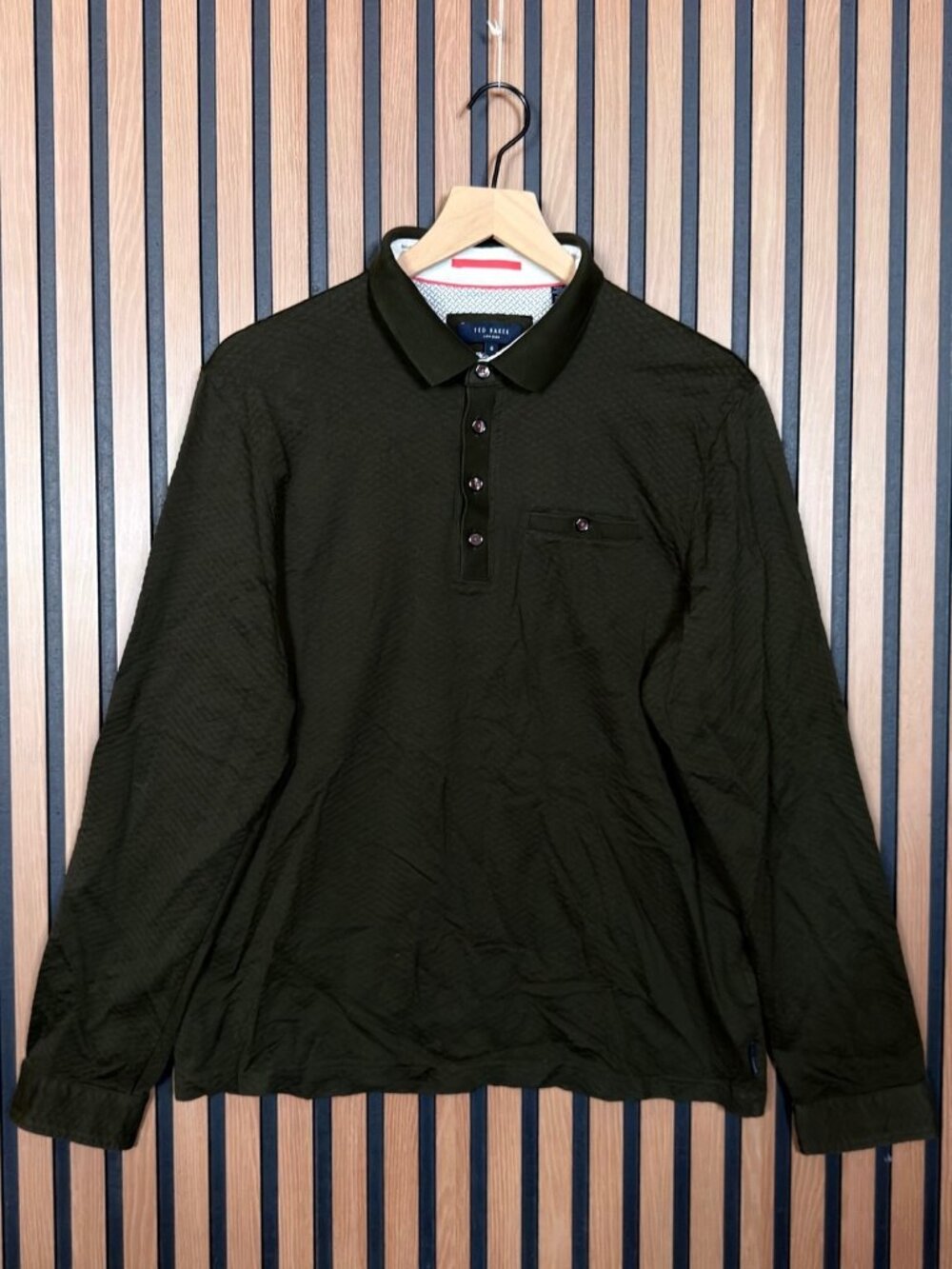Ted Baker Polo Shirt 6 / XL Mens Green Long Sleeve Button Up Fruitpa Textured